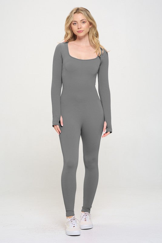 Ribbed Knit Jumpsuit Long Sleeve Grey S by OTOS Active | Fleurcouture