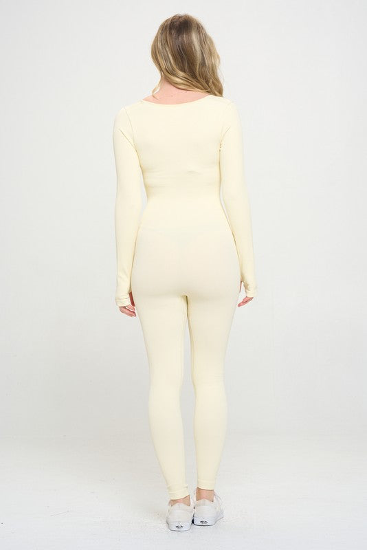 Ribbed Knit Jumpsuit Long Sleeve by OTOS Active | Fleurcouture