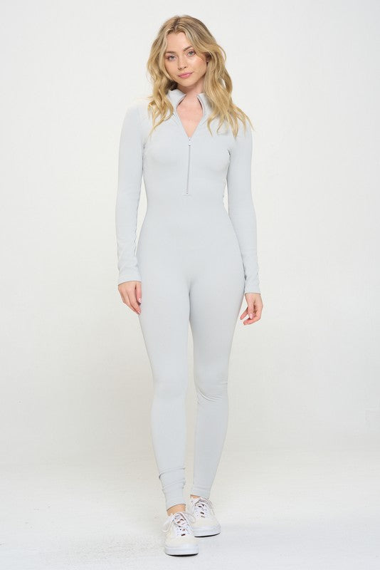 Ribbed Knit Jumpsuit Long Sleeve Zip-up Grey S by OTOS Active | Fleurcouture