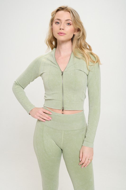 Ribbed Knit Tracksuit Two-Piece Set Green S by OTOS Active | Fleurcouture