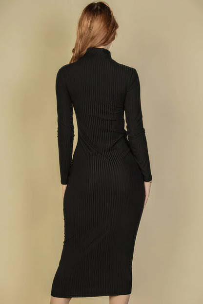Ribbed Mock Neck Long Sleeve Bodycon Midi Dress by Fleurcouture | Fleurcouture