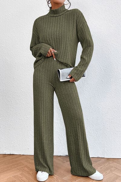 Ribbed Mock Neck Top and Pants Set Moss by Trendsi | Fleurcouture