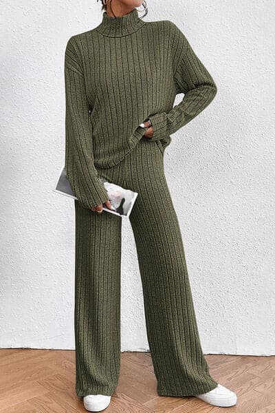 Ribbed Mock Neck Top and Pants Set Moss by Trendsi | Fleurcouture