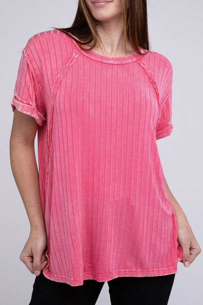 Ribbed Raglan Dolman Sleeve Boat-Neck Top FUCHSIA S/M by ZENANA | Fleurcouture