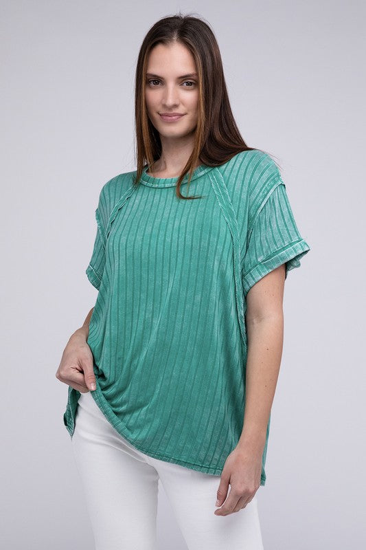 Ribbed Raglan Dolman Sleeve Boat-Neck Top by ZENANA | Fleurcouture