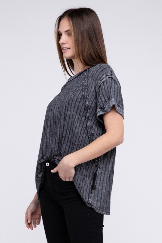 Ribbed Raglan Dolman Sleeve Boat-Neck Top by ZENANA | Fleurcouture