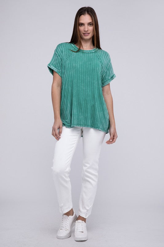 Ribbed Raglan Dolman Sleeve Boat-Neck Top by ZENANA | Fleurcouture