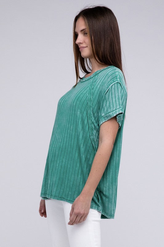 Ribbed Raglan Dolman Sleeve Boat-Neck Top by ZENANA | Fleurcouture