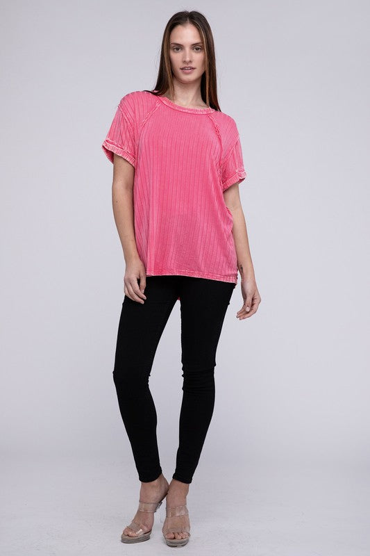 Ribbed Raglan Dolman Sleeve Boat-Neck Top by ZENANA | Fleurcouture