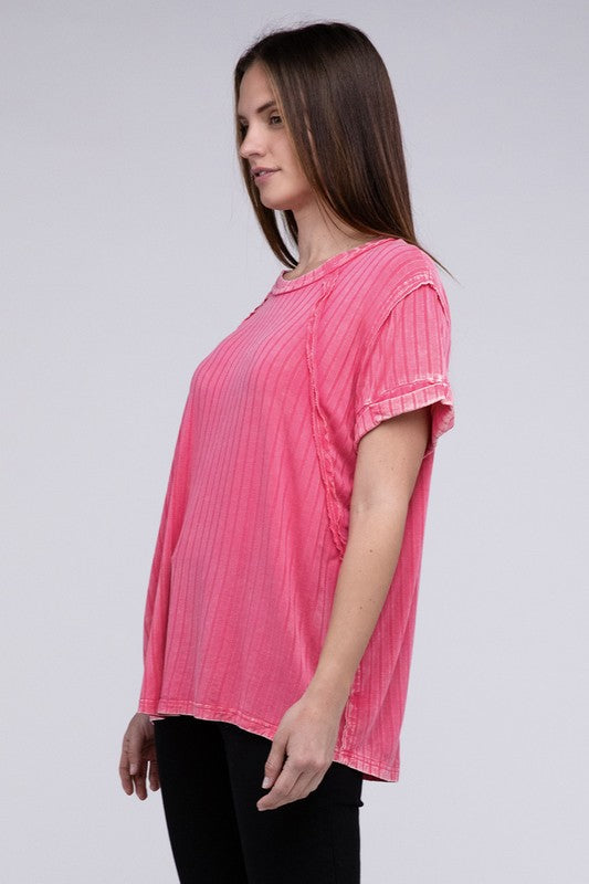 Ribbed Raglan Dolman Sleeve Boat-Neck Top by ZENANA | Fleurcouture