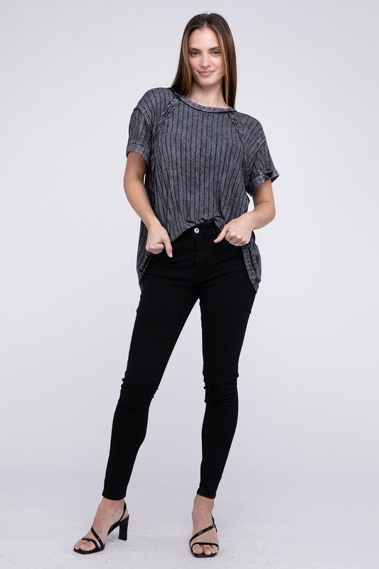 Ribbed Raglan Dolman Sleeve Boat-Neck Top by ZENANA | Fleurcouture