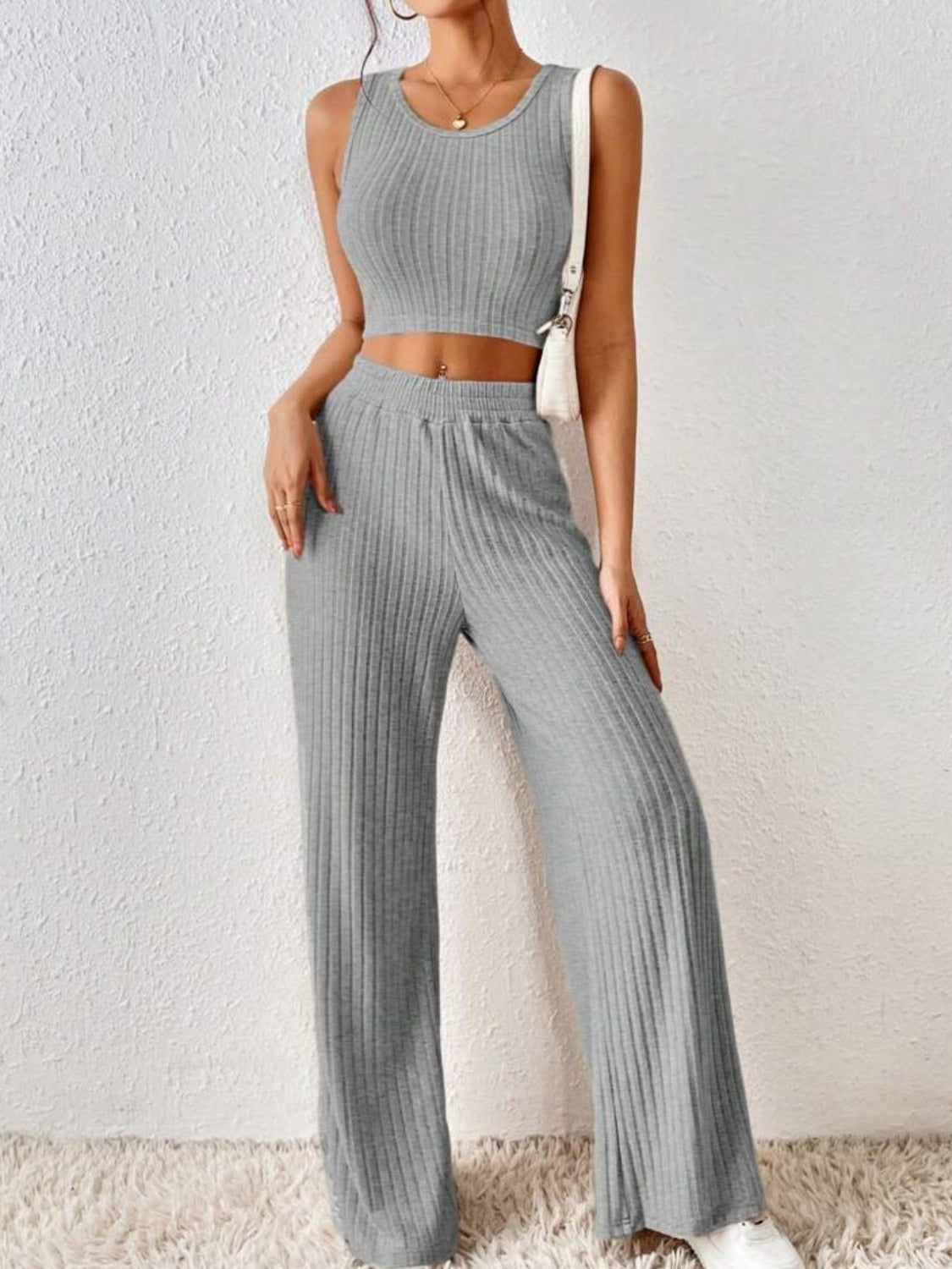 Ribbed Round Neck Tank and Pants Sweater Set Heather Gray S Two Piece Sets by Trendsi | Fleurcouture