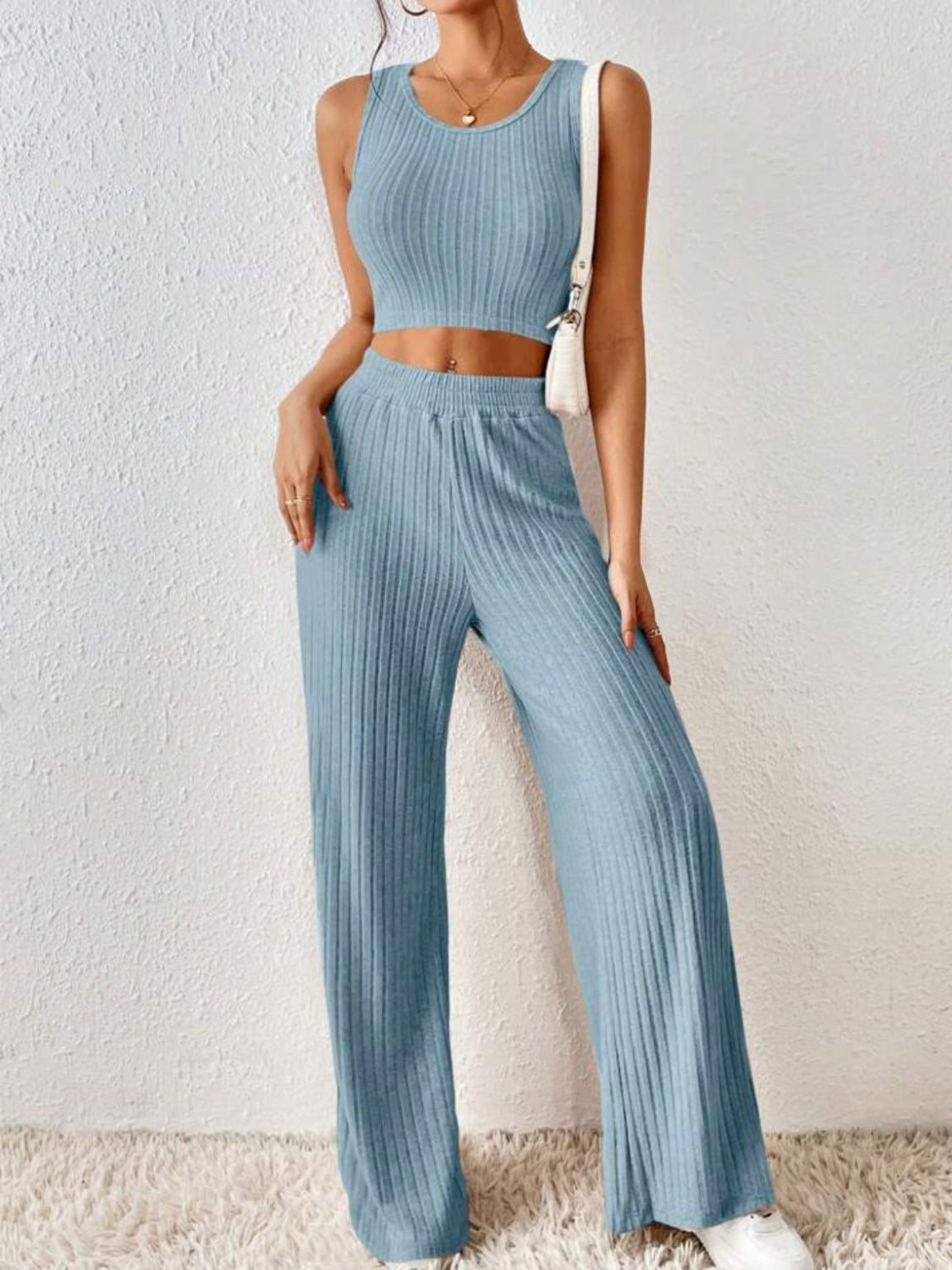 Ribbed Round Neck Tank and Pants Sweater Set Misty Blue S Two Piece Sets by Trendsi | Fleurcouture