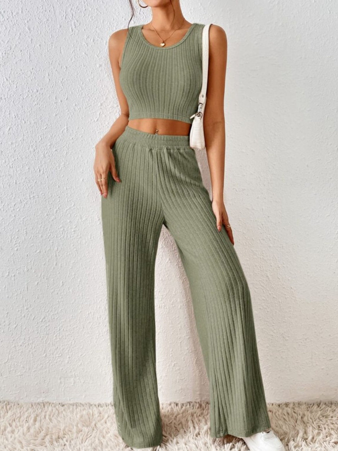 Ribbed Round Neck Tank and Pants Sweater Set Sage S Two Piece Sets by Trendsi | Fleurcouture