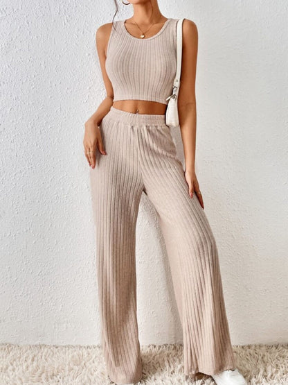 Ribbed Round Neck Tank and Pants Sweater Set Sand S Two Piece Sets by Trendsi | Fleurcouture