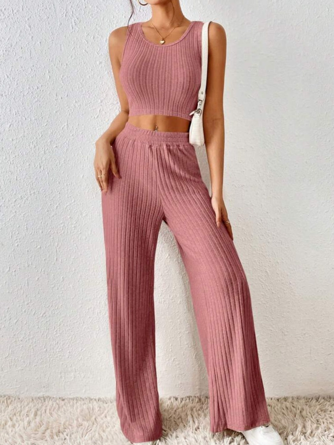 Ribbed Round Neck Tank and Pants Sweater Set Two Piece Sets by Trendsi | Fleurcouture