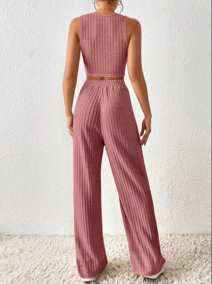 Ribbed Round Neck Tank and Pants Sweater Set Two Piece Sets by Trendsi | Fleurcouture