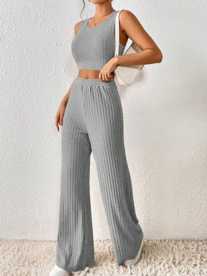 Ribbed Round Neck Tank and Pants Sweater Set Two Piece Sets by Trendsi | Fleurcouture