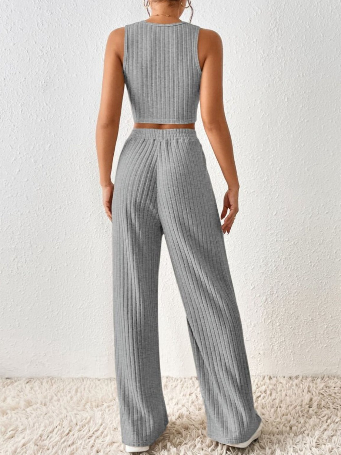 Ribbed Round Neck Tank and Pants Sweater Set Two Piece Sets by Trendsi | Fleurcouture