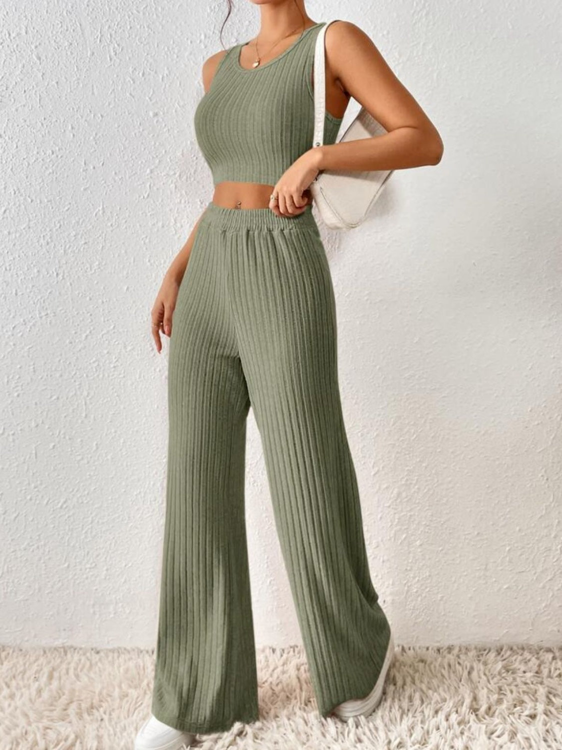 Ribbed Round Neck Tank and Pants Sweater Set Two Piece Sets by Trendsi | Fleurcouture