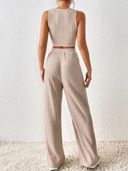 Ribbed Round Neck Tank and Pants Sweater Set Two Piece Sets by Trendsi | Fleurcouture