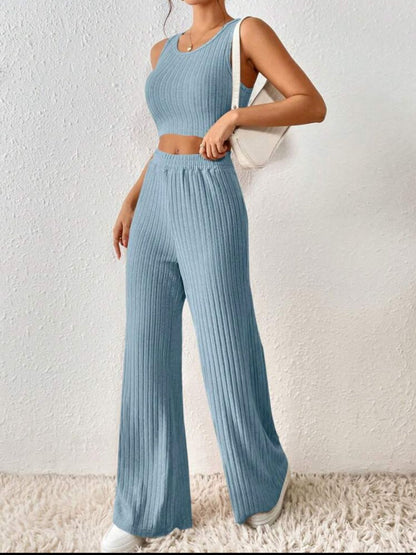 Ribbed Round Neck Tank and Pants Sweater Set Two Piece Sets by Trendsi | Fleurcouture