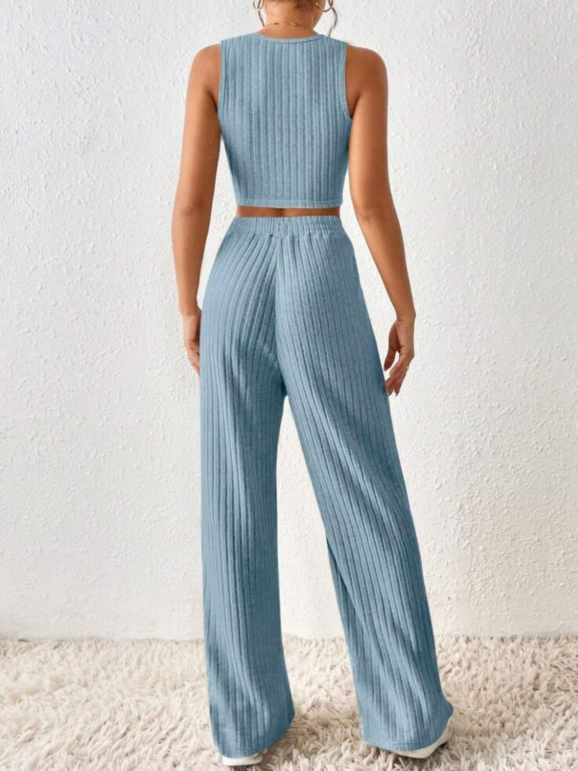 Ribbed Round Neck Tank and Pants Sweater Set Two Piece Sets by Trendsi | Fleurcouture