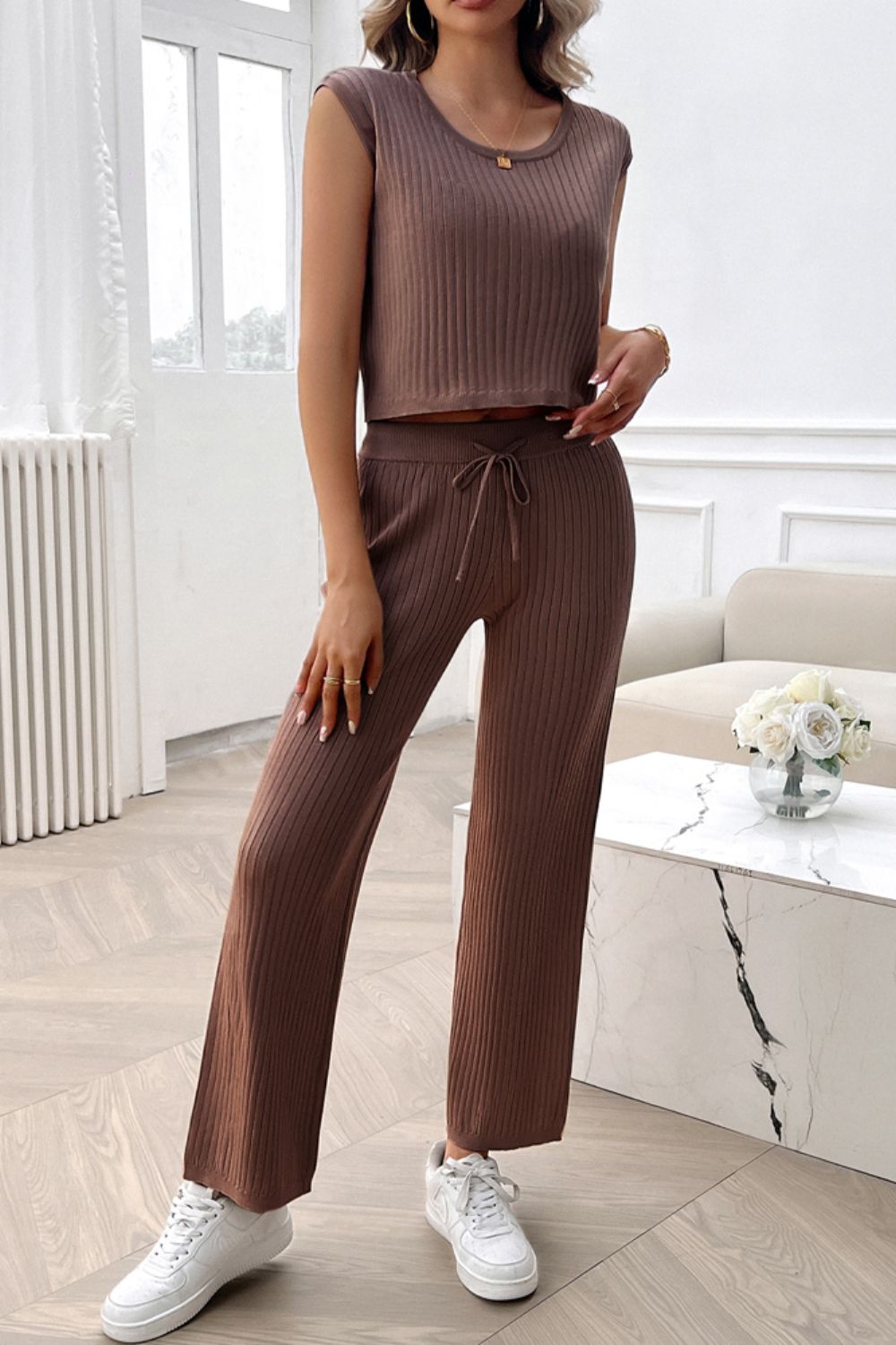 Ribbed Round Neck Top and Pants Set Brown S Women&