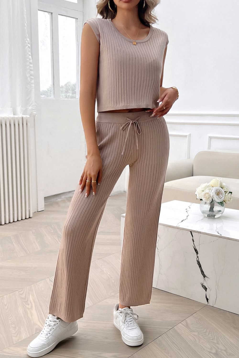 Ribbed Round Neck Top and Pants Set Taupe S Women&