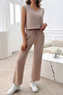 Ribbed Round Neck Top and Pants Set Taupe S Women&