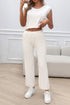 Ribbed Round Neck Top and Pants Set White S Women&