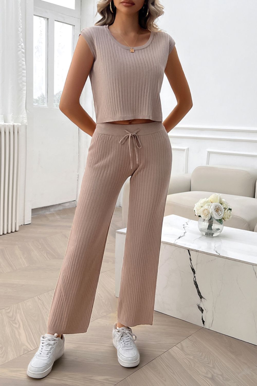 Ribbed Round Neck Top and Pants Set Women&