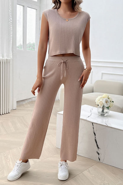 Ribbed Round Neck Top and Pants Set Women&