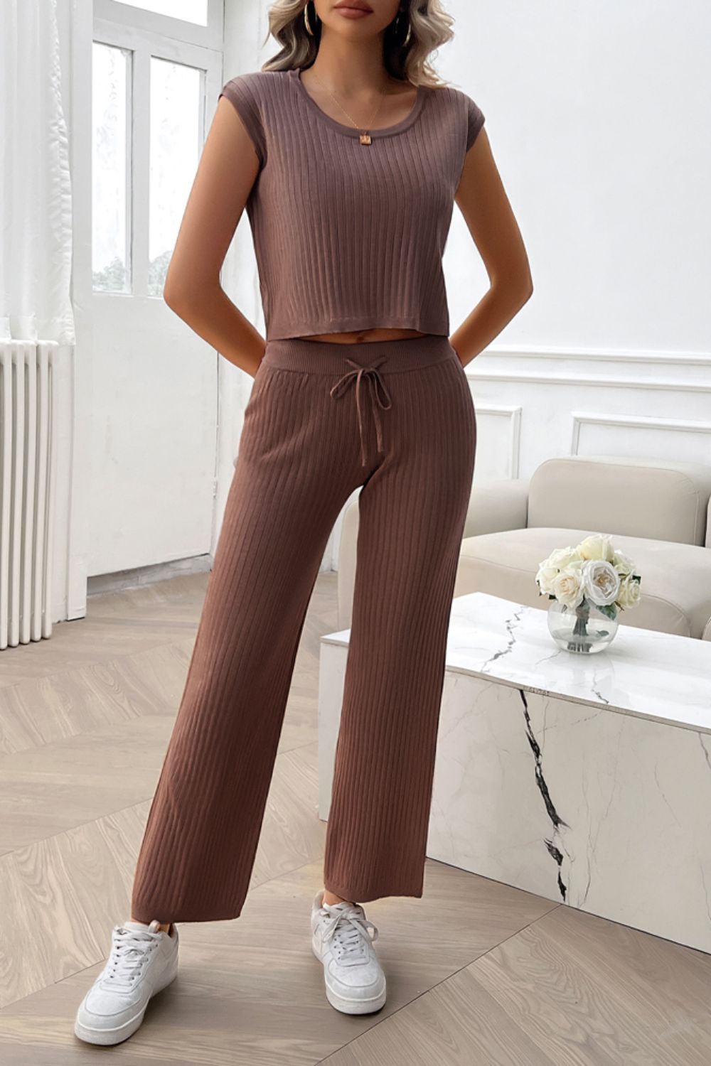 Ribbed Round Neck Top and Pants Set Women&