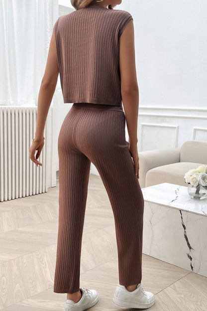 Ribbed Round Neck Top and Pants Set Women&