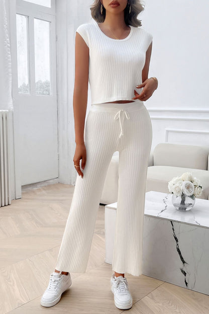 Ribbed Round Neck Top and Pants Set Women&