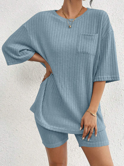 Ribbed Round Neck Top and Shorts Set Light Blue S Women&