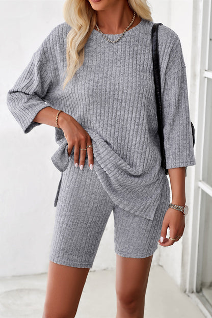 Ribbed Round Neck Top and Shorts Set Light Gray S Women&