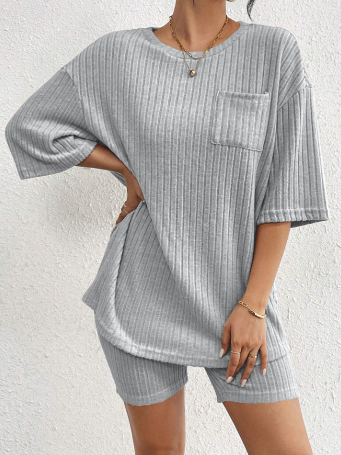 Ribbed Round Neck Top and Shorts Set Light Gray S Women&