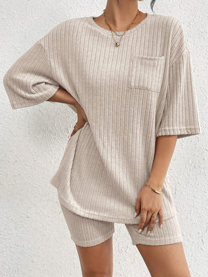 Ribbed Round Neck Top and Shorts Set Women&