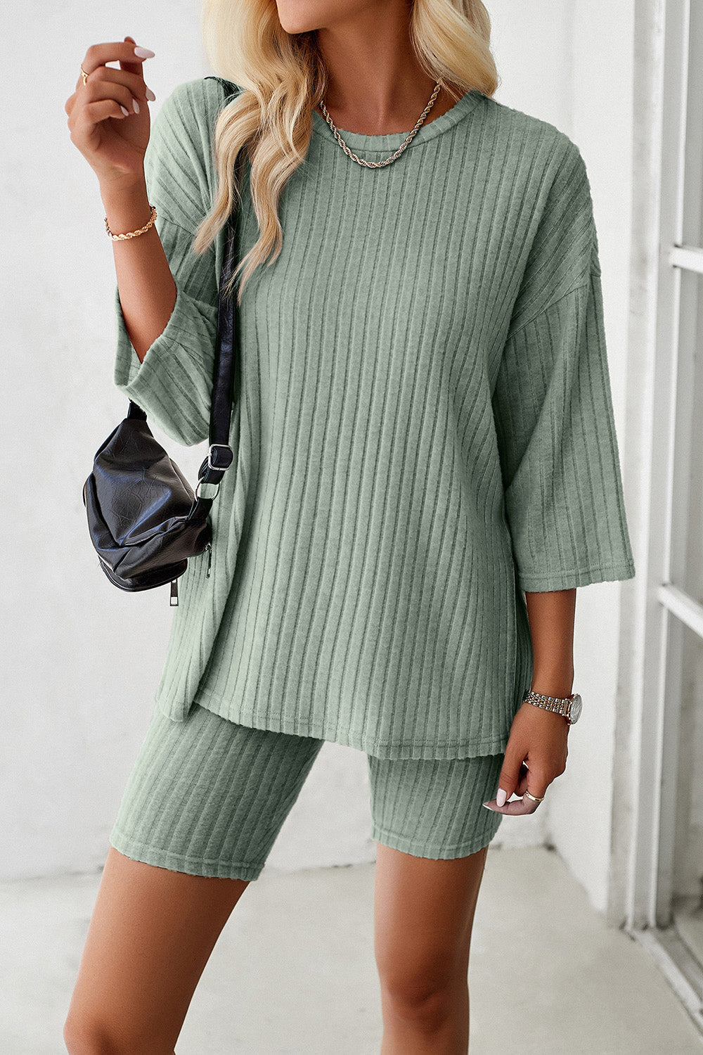 Ribbed Round Neck Top and Shorts Set Women&