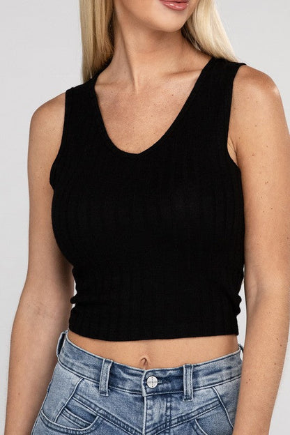 Ribbed Scoop Neck Cropped Sleeveless Top BLACK S Women&