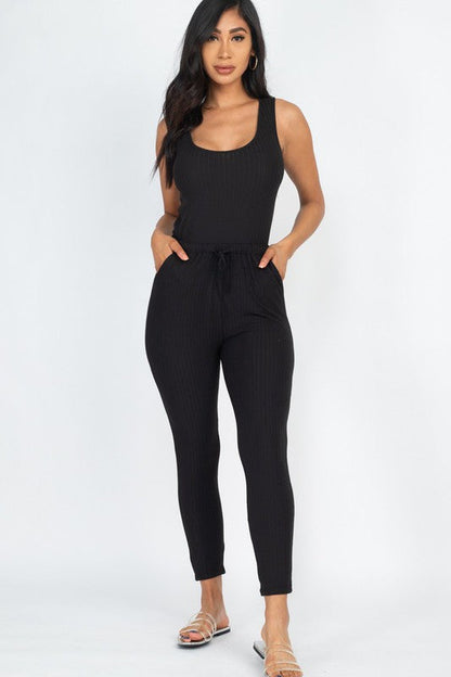 Ribbed Sleeveless Drawstring catsuits Jumpsuit Black S by Capella | Fleurcouture