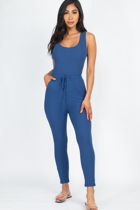 Ribbed Sleeveless Drawstring catsuits Jumpsuit Blue haze S by Capella | Fleurcouture