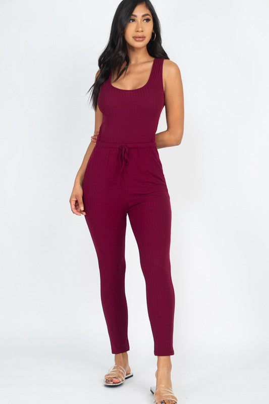 Ribbed Sleeveless Drawstring catsuits Jumpsuit Burgundy S by Capella | Fleurcouture