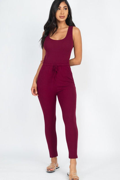 Ribbed Sleeveless Drawstring catsuits Jumpsuit Burgundy S by Capella | Fleurcouture