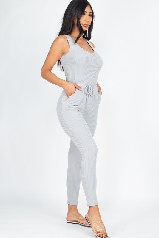 Ribbed Sleeveless Drawstring catsuits Jumpsuit by Capella | Fleurcouture