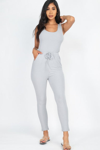 Ribbed Sleeveless Drawstring catsuits Jumpsuit by Capella | Fleurcouture