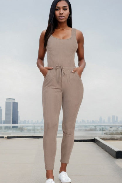 Ribbed Sleeveless Drawstring catsuits Jumpsuit by Capella | Fleurcouture