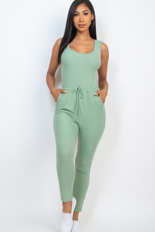 Ribbed Sleeveless Drawstring catsuits Jumpsuit by Capella | Fleurcouture